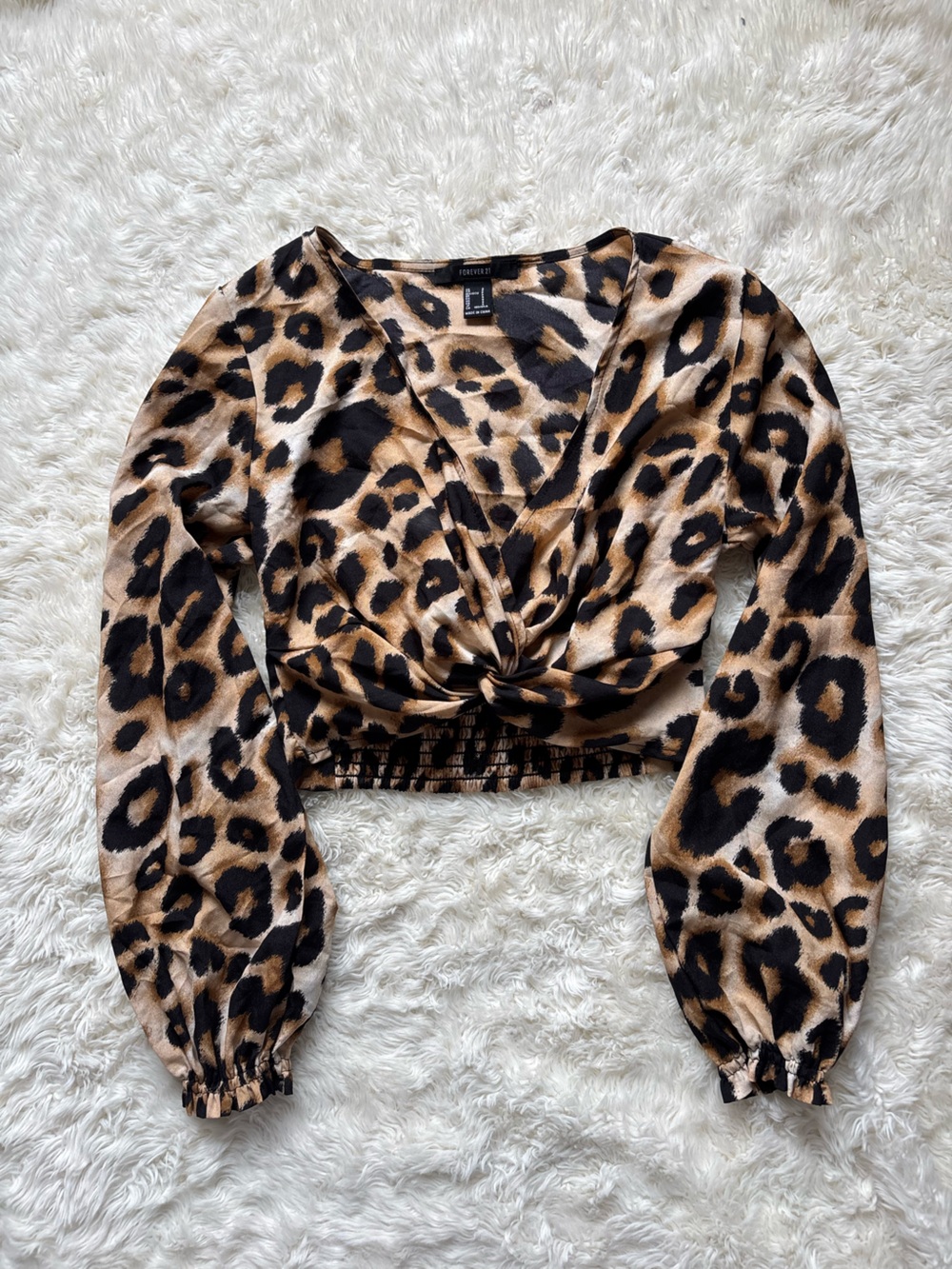 Forever 21 Leopard Print Knot-Front Cropped Long Sleeve - Tan, Brown & Black